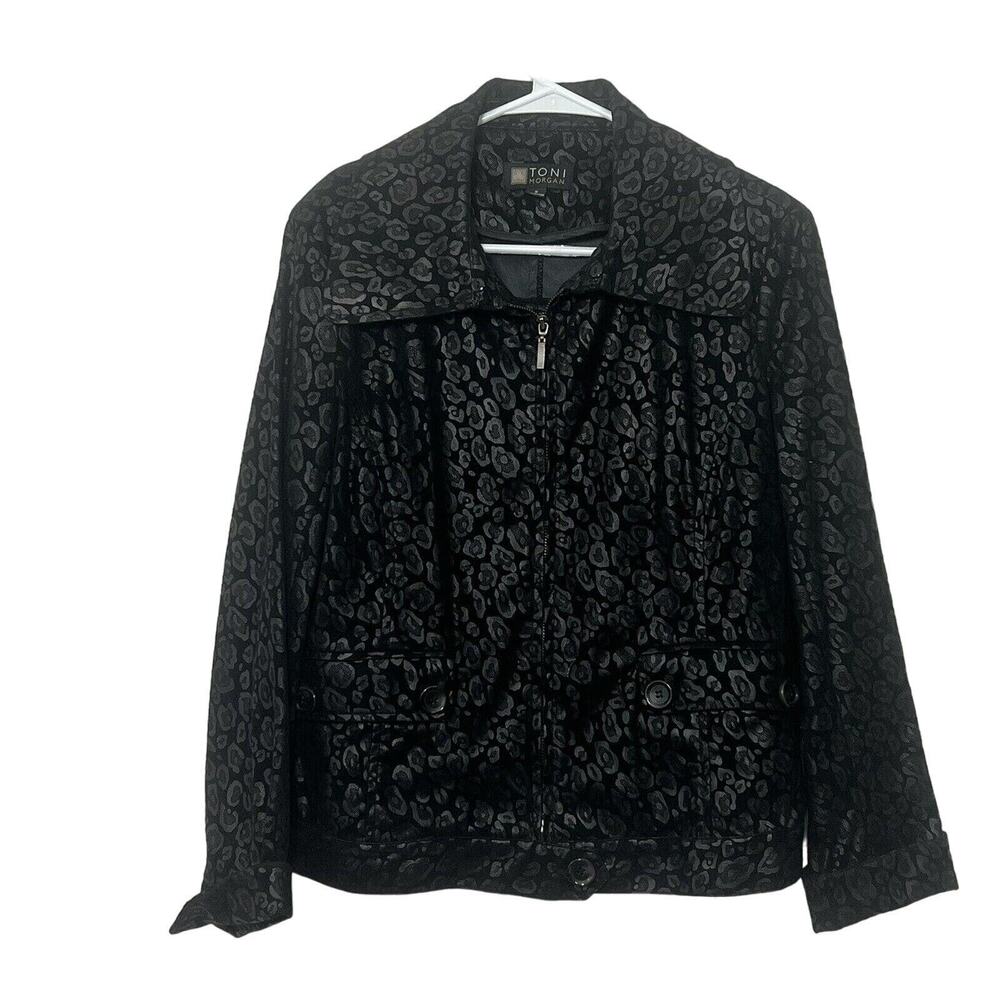 TONI MORGAN Women’s Black Cheetah Print Jacket Size Small Shoulder Pads Vintage